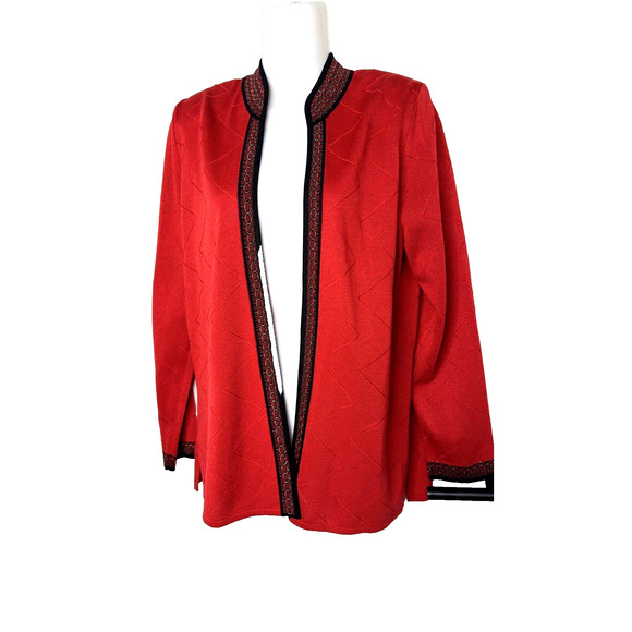 MING WANG Acrylic Jacket Cardigan RED‎ METALLIC TRIM Textured ~S - Picture 1 of 6